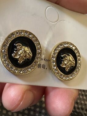 Gold and Black Lion Medallion Crystal-Trim Earrings